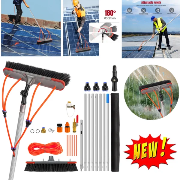 7 Meter langer, mit Wasserschlauch versehener Teleskop-Fensterreinigungsstab mit Reinigungsbürsten-Set. Geeignet für die Reinigung von Fenstern, Solarmodulen, Autos und Booten.