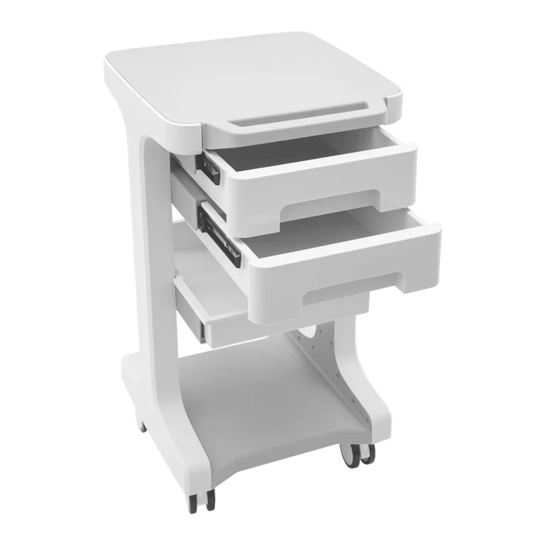 OUKANING 3-stöckiger Kosmetikwagen, Professioneller Beauty-Trolley mit 3 Ebenen und 2 Schubladen, 50kg Tragkraft, ABS-Material