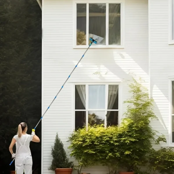 1 Stück 2-in-1-Fensterreiniger mit hohem Bund, wiederverwendbarer Rakel und ausziehbarer Stange zum Schrubben von Glas, Edelstahlkante