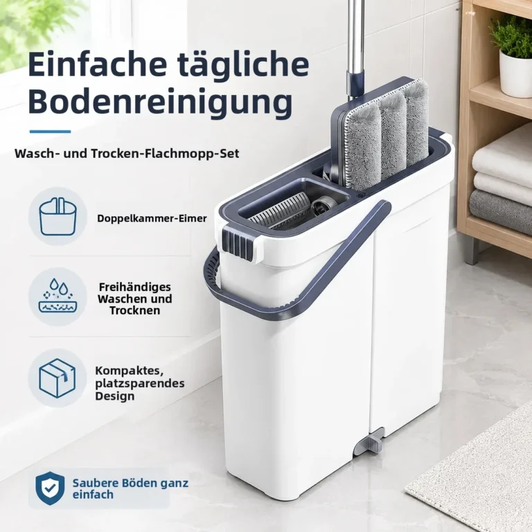 Joybos Platzsparendes Slim-Mop-Eimer-Set (nur 13,5 cm breit), selbstauswringender Flachmop mit integriertem Haarschaber & kippsicherer Saugbasis, inklusive 4 waschbaren Pads