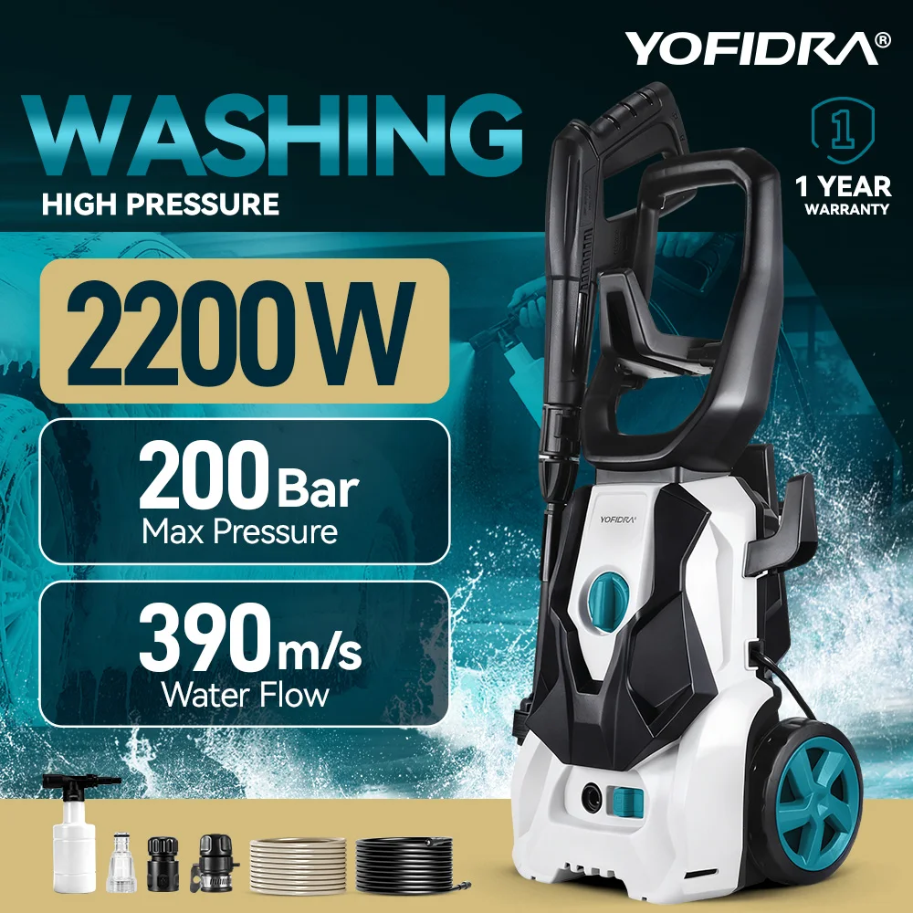 YOFIDRA Hochdruck-Reinigungspistole 200 Bar 2200W Tragbare Elektrische Wasserspritzpistole mit Verstellbarer Düse für Auto- und Gartenreinigung