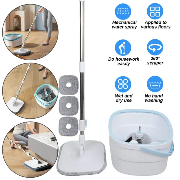 360 °   Spin Mop-Eimer-Sets mit Wring-System, Mikrofaser-Nachfüllungen, Bodenreinigung für den Haushalt, 102–128 cm, ausziehbarer, verstellbarer Griff