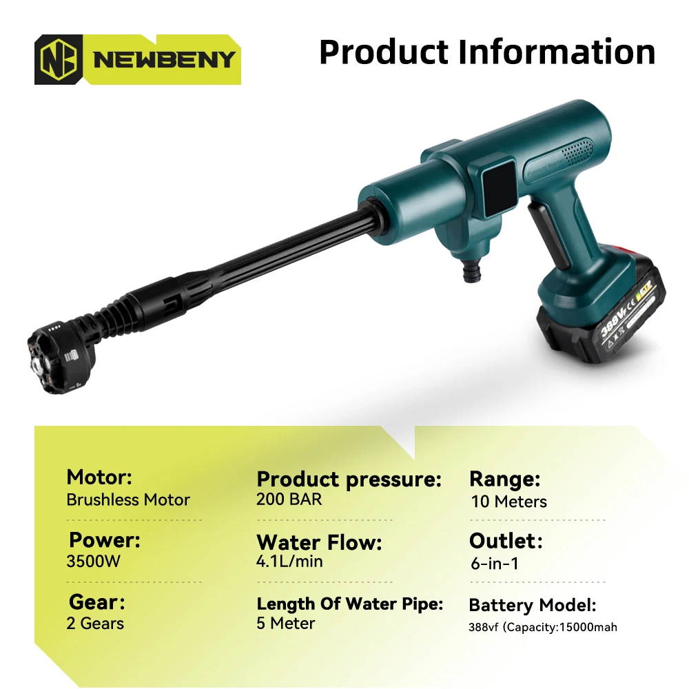 3500 W 200 Bar 6 IN 1 Bürstenlose Elektrische Auto Waschmaschine Pistole Tragbare Cordless Wiederaufladbare Auto Garten Für Makita 18 V Batterie Pin 2