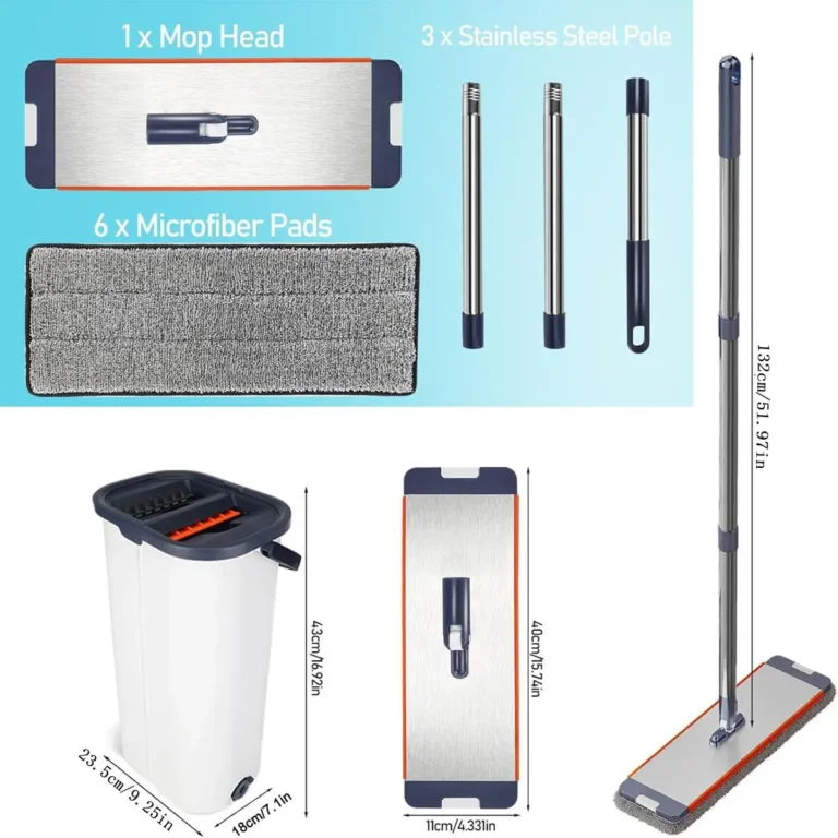 1 Set Flachmopp mit Auswringer, 6 Mikrofaser-Pads, Verlängerter Stiel, Geeignet für Alle Bodenarten 2