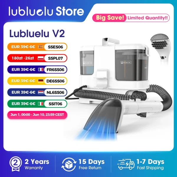 Lubluelu V2 16KPa Tragbarer Teppichreiniger 600W Polsterreiniger Spezieller Fleckenentferner für Haustiere Leistungsstark für Sofa und Autositze