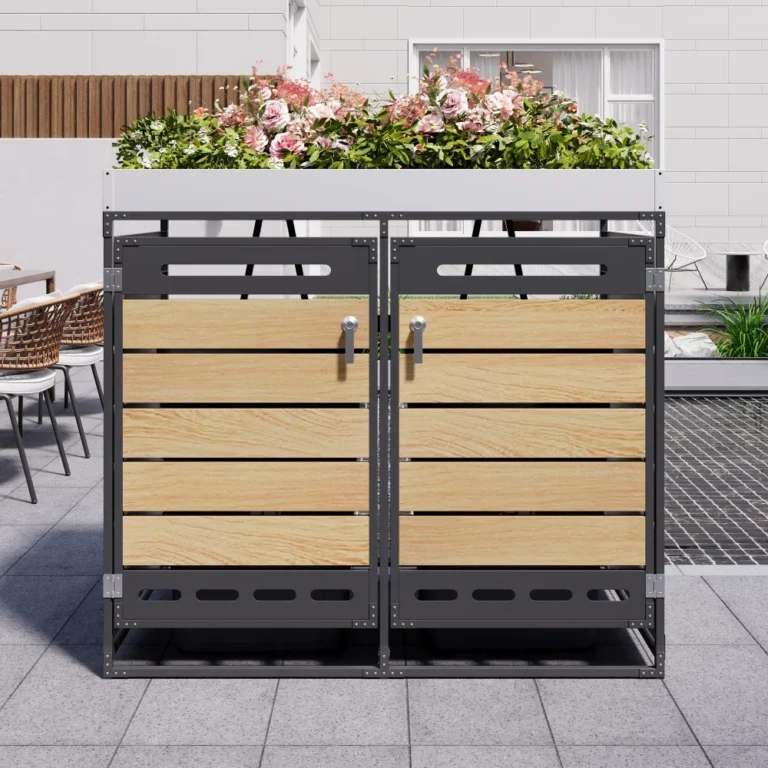 Gartenabfallbehälter, Abfallbehälter-Aufbewahrungseinheiten mit Blumenkästen, Metall-Gartenschränke, abschließbar, Holzmaserung-Finish 2