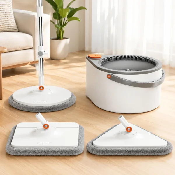 Joybos Schmutzwasser-Trennungs-Wischmopp & Eimer Set, Turbinen-Selbstreinigungssystem, [Rund+Quadratisch+Dreieckig] 3 Moppköpfe mit 6 Pads, 90 °   Faltbarer Flachmopp für Wände & Fußleisten, Nass- & Trockenreinigung für Zuhause/Wohnmobil/Wohnheim