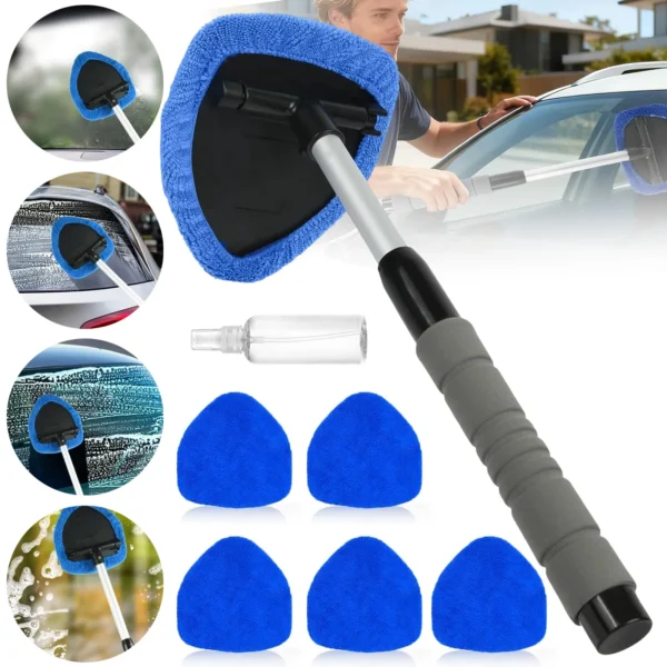 1 Set Auto-Glasreinigungsbürste mit Teleskopstiel, 5 Austauschbare Mikrofaser-Reinigungspads, Geeignet für Autofenster, Spiegel und Boden