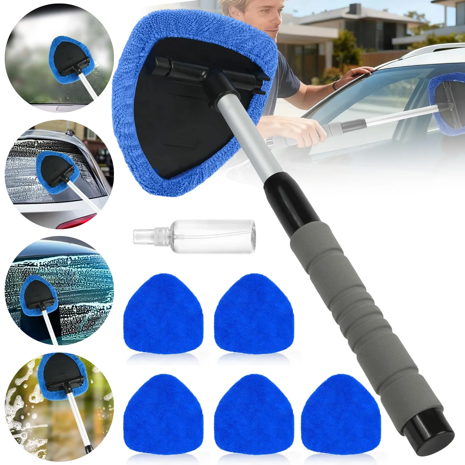 1 Set Auto-Glasreinigungsbürste mit Teleskopstiel, 5 Austauschbare Mikrofaser-Reinigungspads, Geeignet für Autofenster, Spiegel und Boden 1 Set Auto-Glasreinigungsbürste mit Teleskopstiel, 5 Austauschbare Mikrofaser-Reinigungspads, Geeignet für Autofenster, Spiegel und Boden