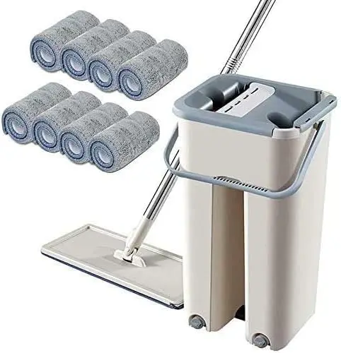 Flachmopp und Eimer Set mit 10 Wiederverwendbaren Mikrofaser-Pads -360 °   Rotations- und Doppelbehälter-Design, 50,3 Zoll ergonomischer Griff und Edelstahl