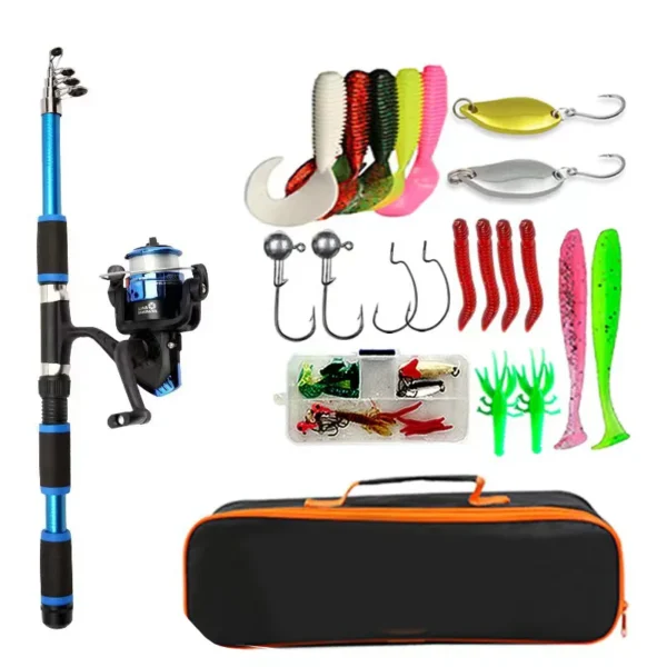 Angelruten-Set, komplette Kits mit Teleskop-Angelrute und Spinnrolle, Köder, Haken, Reise-Ruten-Set