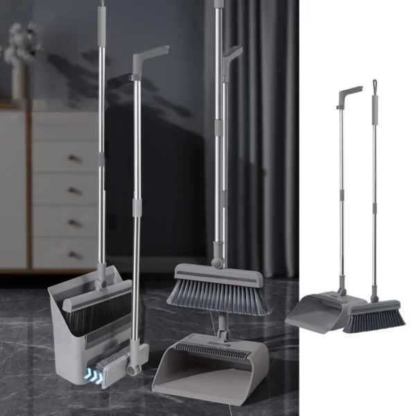 Multifunktionales 3-in-1-Bodenreinigungsset in Grau, Kombination aus Besen + Kehrschaufel + Handbodenbürste, Haushaltsreinigungsset, nur mit zwei langen Griffen für die Reinigung von Wohnungen, Büros und Innenräumen.