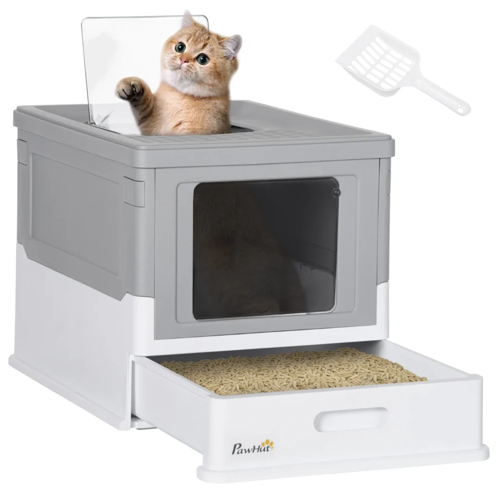 PawHut Katzenklo mit Deckel Katzentoilette mit Haube Schaufel ausziehbares Tablett Katzentoilette für Katzen bis 5 kg 2