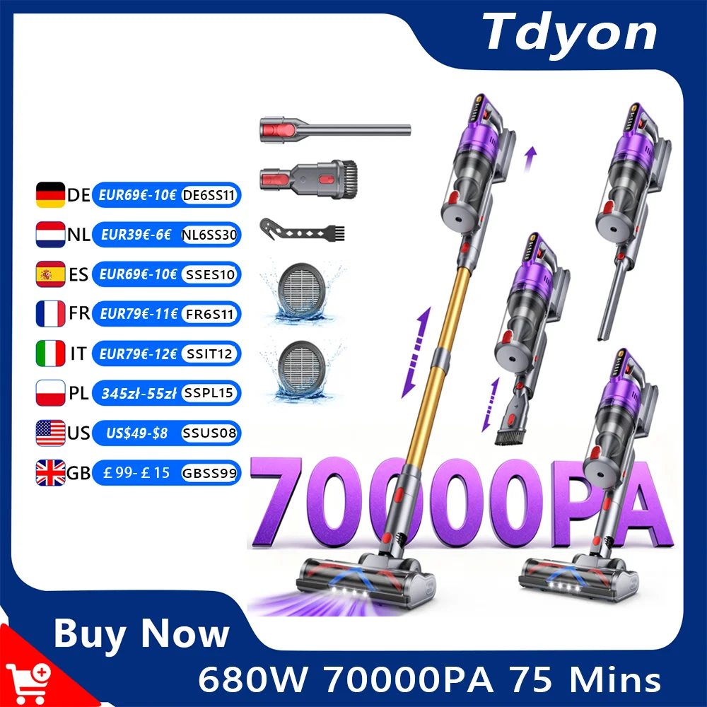 Tdyon Nova 680W 70000PA Kabelloser Staubsauger 75 Minuten Laufzeit, Abnehmbarer Akku Selbststehend Wandladung für Teppich und Haushalt