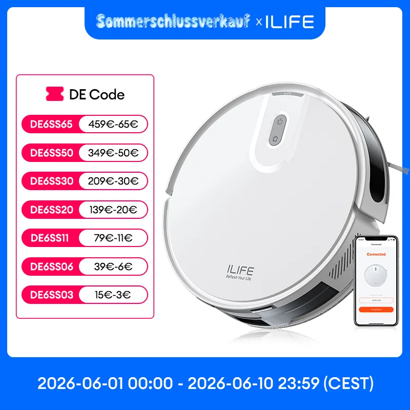 ILIFE V20 Roboterstaubsauger, 5000 Pa Saugleistung, SOF LiDAR Smart Navigation, APP-Steuerung, anpassbare Reinigung, selbstaufladend ILIFE V20 Roboterstaubsauger, 5000 Pa Saugleistung, SOF LiDAR Smart Navigation, APP-Steuerung, anpassbare Reinigung, selbstaufladend