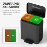 Doppelter 20L Küchenabfalleimer für effiziente Abfalltrennung. Mit Fußpedal, robustem Kunststoff- und Metallgehäuse in elegantem Schwarz. 4