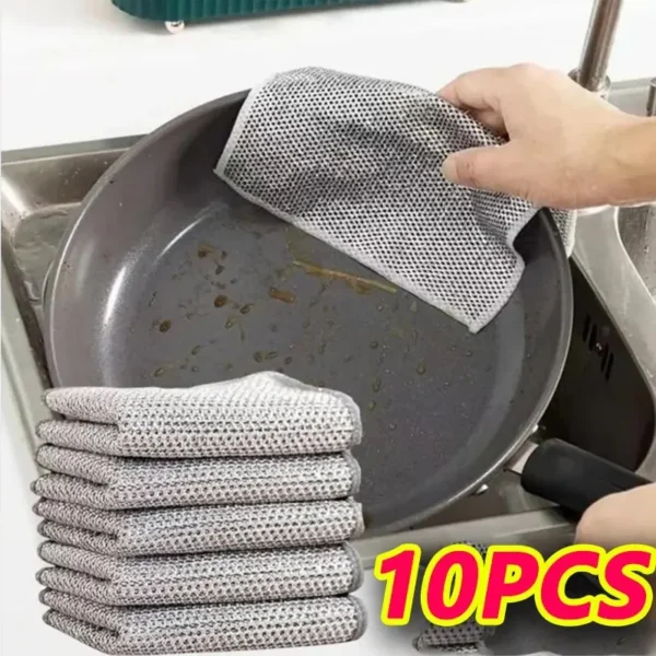 10 Stück Magisches Spültuch mit Silberdraht, Reinigungstuch für die Küche, Verdicktes Mikrofaser-Waschtuch mit Eingebautem Schwamm, Stahlbürsten-Lappen