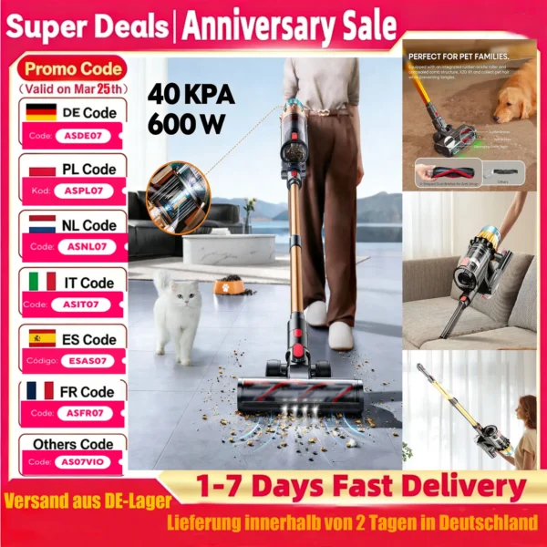600 W 40 kPa Akku-Staubsauger für Zuhause und Haustiere, Tierhaarentferner, 60 Minuten Laufzeit, Green Light Tech, Hartholz sicher, selbststehend