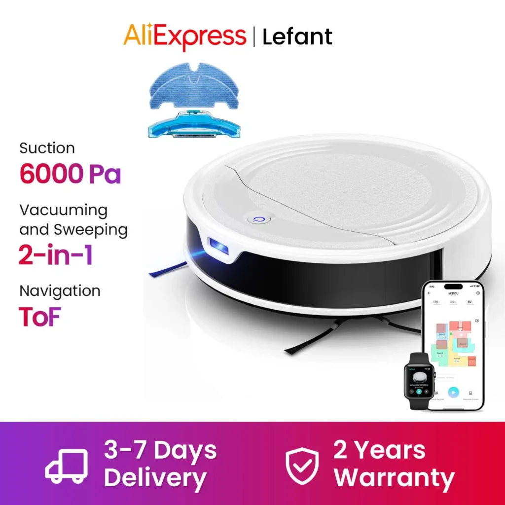 Lefant M310 Ultra Roboter-Staubsauger mit Kartierungsfunktion, 6000Pa, Navigation ToF PSD 190 ° 170 Minuten Laufzeit, APP/WiFi-Steuerung, ideal für Tierhaare und Hartböden