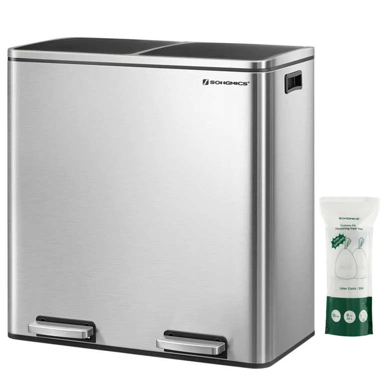 SONGMICS Mülleimer, 2 x 30 Liter, 2 Fächer, Mülltrennsystem, Treteimer, Abfalleimer Küche, 15 Müllsäcke, Metall 2