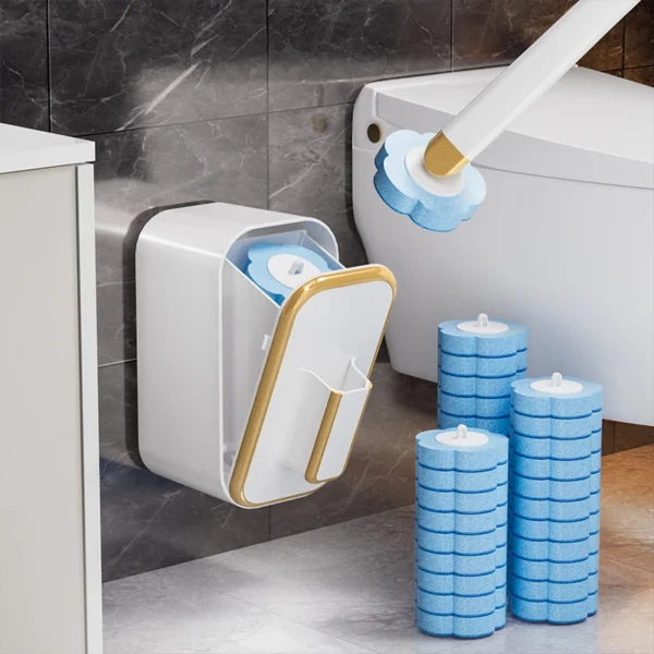 1 Set wandmontierter Einweg-Toilettenbürsten mit langem Griff, mit integrierter antibakterieller Reinigungsflüssigkeit und Ersatzbürstenköpfen, für saubere und hygienische Reinigung ohne tote Winkel