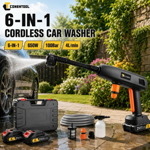 CONENTOOL 21V Kabelloser Hochdruckreiniger 100 Bar Tragbarer Autowascher 6-in-1 Sprühdüse Doppelbatterie Selbstansaugendes Reinigungsset