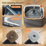Wischmopp- und Eimer-Set mit 2 austauschbaren Mikrofaser-Moppbezügen, Selbstreinigungssystem für Schmutz- und Sauberwasser, Selbstauswringung 3