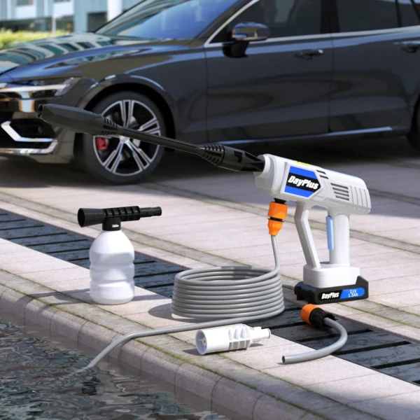 Weißer Kabelloser Hochdruckreiniger Elektrischer Hochleistungsreiniger für Terrasse und Auto mit 1/2x1,5Ah Akkus