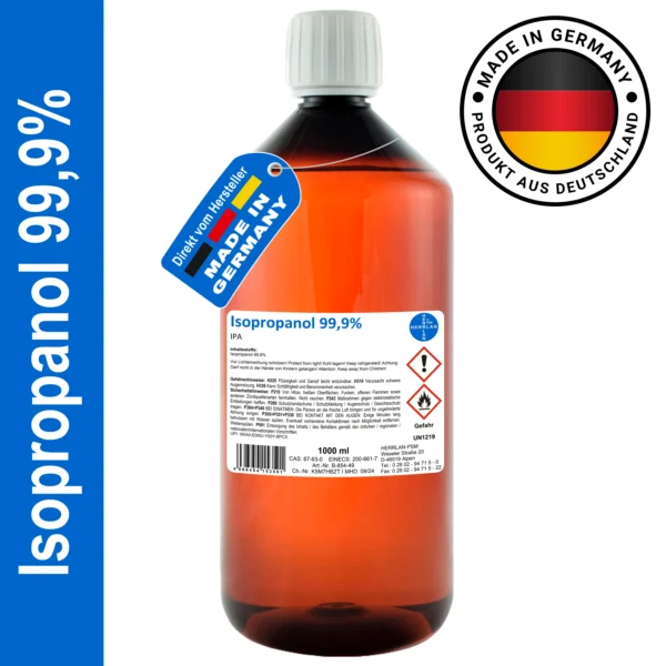 HERRLAN® Isopropanol 99,9% – 1000 ml Reinigungsalkohol & Fettlöser - Rückstandsfrei & geruchslos - Made in Germany