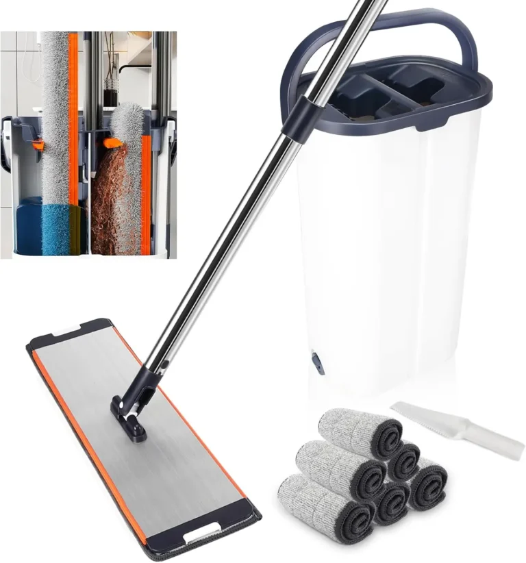 Freihändiger Flachmop mit Eimer, 40cm Großes Wischpad, 360° Drehbar °   Rotierender Nass- und Trockenwischmopp mit Anti-Verhedderungs-Funktion für den Haushalt