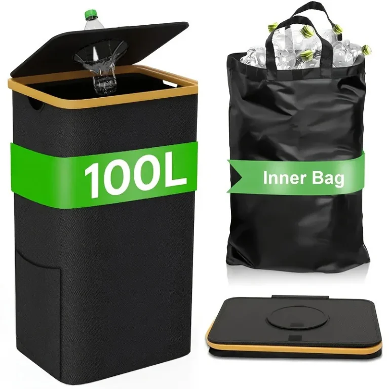 100L/110L/140L Zusammenklappbarer Recycling-Behälter mit Innentasche mit Kordelzug, Faltbarer Kunststoff-Recycling-Container mit Deckel für Haus, Küche, Garage, Abfall- und Flaschenaufbewahrung