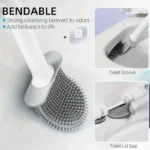 An der Wand montierte Toilettenbürste, Ersatz-Toilettenbürsten aus Silikon mit langem Griff, schnell trocknend, weiche Borsten, WC-Bidet-Badezimmer-Set 2