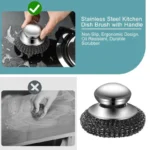 Edelstahl Topfbürste mit Griff robuste Metalldrahtkugel Reiniger Hochleistungs Reinigungswerkzeug für Geschirrspülung langlebig für Hausküche entfernt angebrannte Rückstände an Töpfen Pfannen Küchenutensilien vielseiti 3