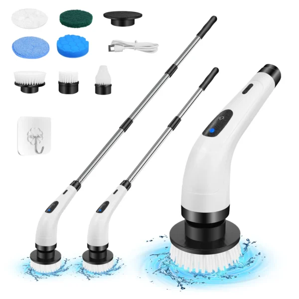 Elektrische Reinigungsbürste, Wasserdichte Badezimmer-Reinigungsbürste, Duschbürste mit Langem Griff & 2 Geschwindigkeiten, Kabellose Elektrische Reinigungsbürste mit 7 Austauschbaren Bürstenköpfen Schwarz (USB-Aufladung)