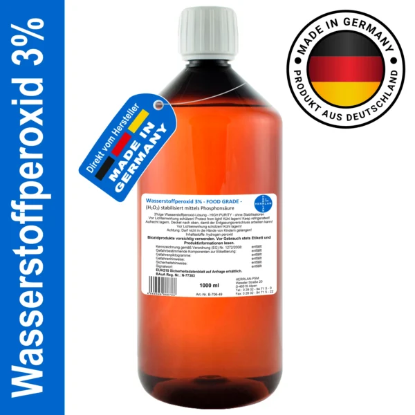 Wasserstoffperoxid 3% FOOD GRADE I 1 Liter bis 10 Liter I MHD 12 Monate I stabilisiert I Herrlan I Made in Germany