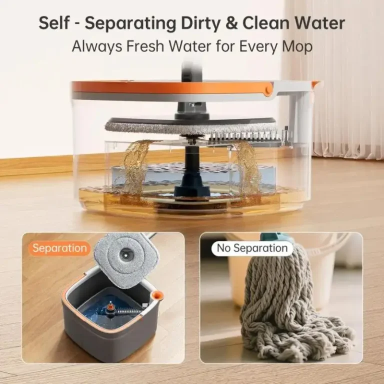 Wischmopp- und Eimer-Set mit 2 austauschbaren Mikrofaser-Moppbezügen, Selbstreinigungssystem für Schmutz- und Sauberwasser, Selbstauswringung 2