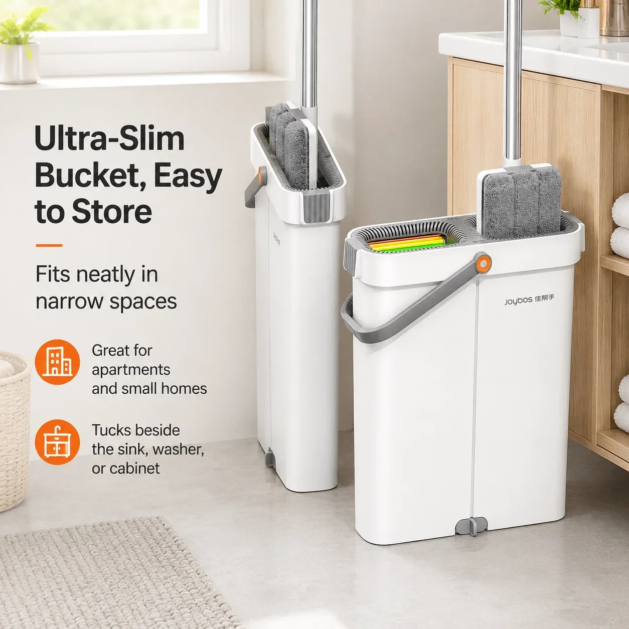 Joybos Ultra-Slim Flachmopp-Set mit Eimer 360° ° Schwenkbares, freihändiges Wasch- und Trocknungssystem mit 2 Mikrofaser-Pads für Hartholz, Fliesen und Laminat Joybos Ultra-Slim Flachmopp-Set mit Eimer 360° ° Schwenkbares, freihändiges Wasch- und Trocknungssystem mit 2 Mikrofaser-Pads für Hartholz, Fliesen und Laminat
