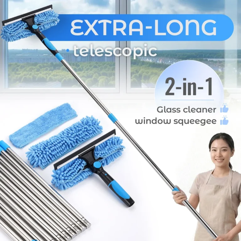 2-in-1 Glasreiniger mit Teleskopstange aus Metall, 27 cm, Reinigungstuch, verstellbarer Fensterwischer für die Glasreinigung zu Hause 2