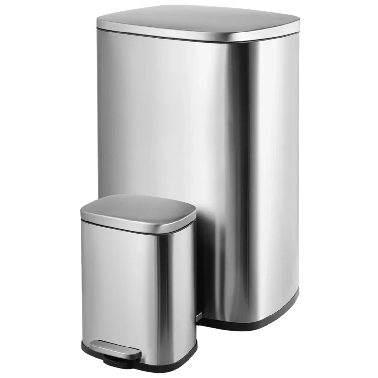Küchen-Mülleimer, 50 l + 5 l, sanft geschlossener, wischfester Mülleimer mit Fußpedal, gebürsteter Edelstahl, satiniertes Nickel
