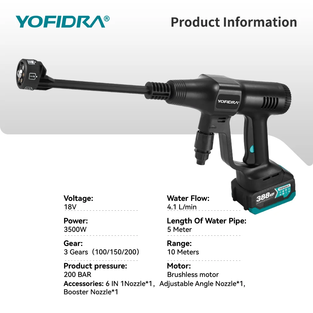 YOFIDRA 6IN1 200Bar Bürstenloser Hochdruck-Autowascher Wasserpistole Haushaltsreiniger Waschsprühpistole für Makita Akku 2