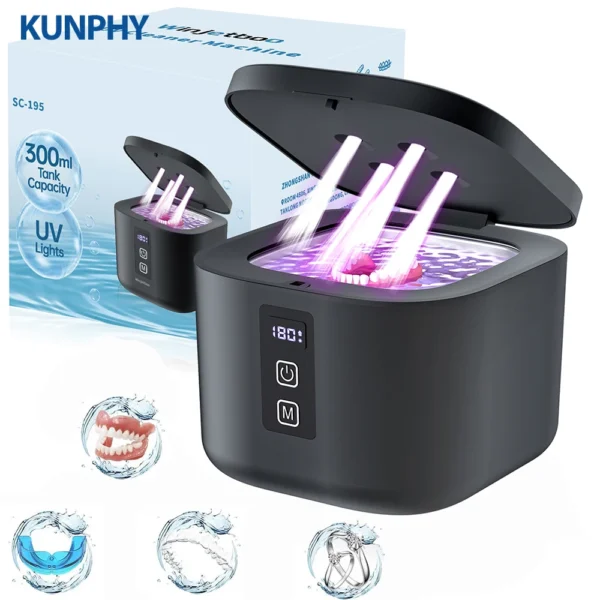 KUNPHY Ultraschallreiniger, Schmuckreiniger-Set, UV-Licht, Sterilisation, Sonic, 48 kHz, für Uhren, Kontaktlinsen, Brillen, Prothesen, Zähne