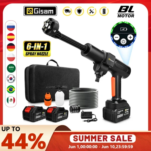 Gisam 200BAR 6-in-1 Bürstenloser Kabelloser Hochdruck-Autowäscher Wiederaufladbare Lithium-Batterie Autoreiniger Sprühwasserpistole