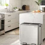SONGMICS Mülleimer, 2 x 30 Liter, 2 Fächer, Mülltrennsystem, Treteimer, Abfalleimer Küche, 15 Müllsäcke, Metall