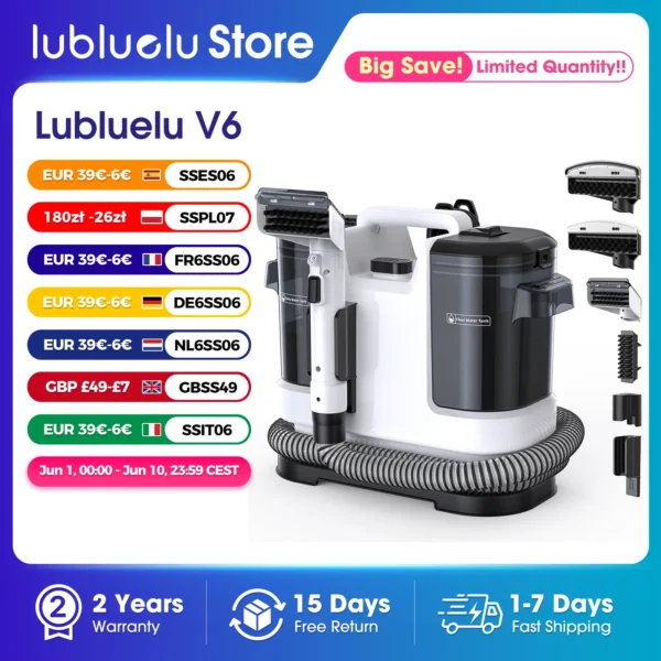 Lubluelu V6 Teppichreiniger Leistungsstarker 15kPa 1,75L Doppeltank, 5M Kabel 1,7M Schlauch - Tiefenreinigung Sofa Matratze Autositz Haustierflecken