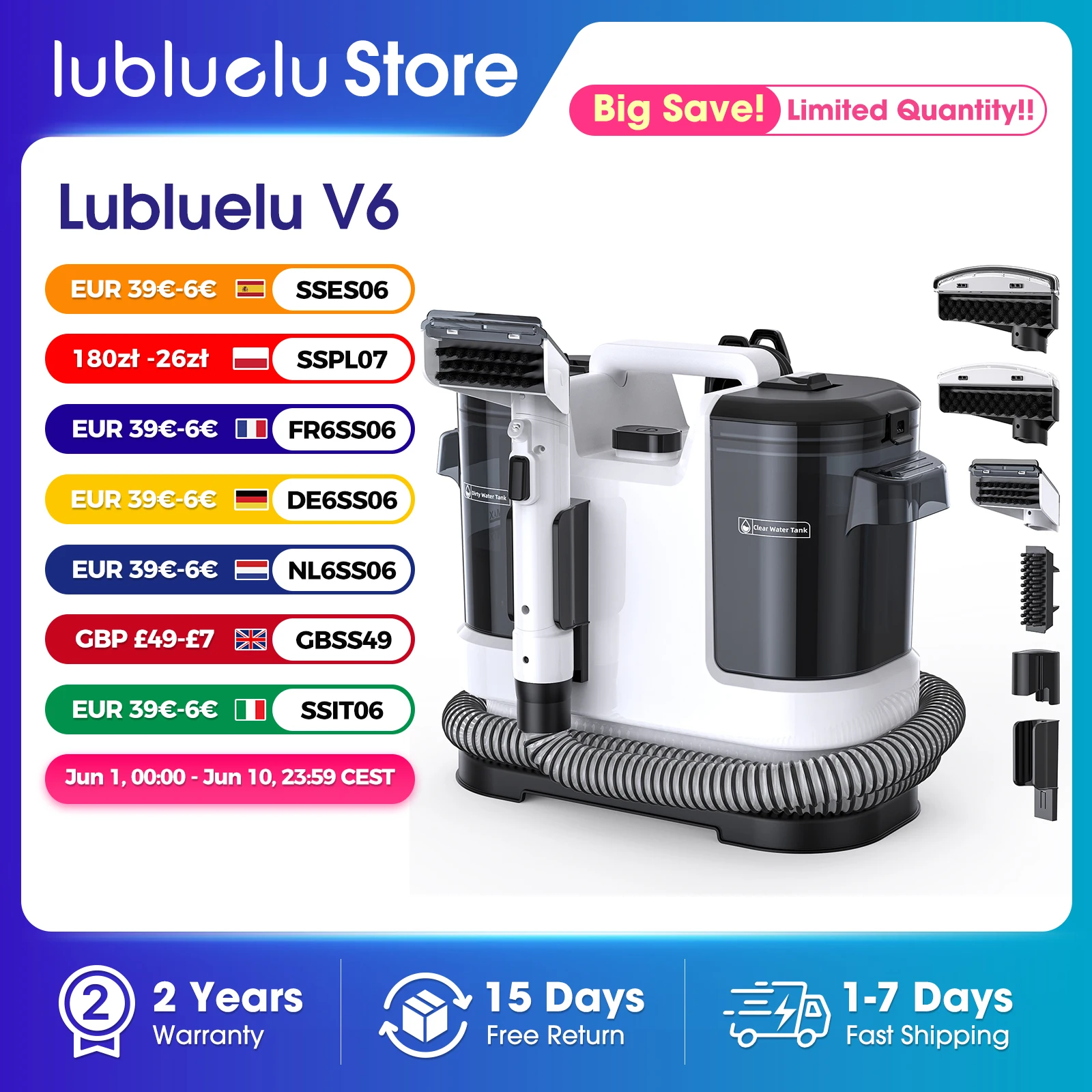 Lubluelu V6 Teppichreiniger Leistungsstarker 15kPa 1,75L Doppeltank, 5M Kabel 1,7M Schlauch - Tiefenreinigung Sofa Matratze Autositz Haustierflecken Lubluelu V6 Teppichreiniger Leistungsstarker 15kPa 1,75L Doppeltank, 5M Kabel 1,7M Schlauch - Tiefenreinigung Sofa Matratze Autositz Haustierflecken