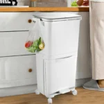 Großer Tretmülleimer für die Küche, Rollbarer Pedal-Abfalleimer auf Rädern – Freihändiger Mülleimer mit Trocken-Nass-Trennung für Zuhause und Restaurant