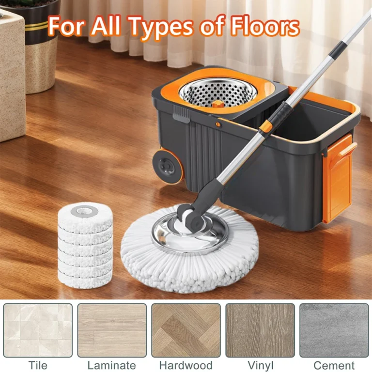 Rotationsmopp-Set mit 6 Ersatzköpfen, Nachfüllungen, verlängerter Griff, freihändiger automatischer Dehydrierungsmopp, Reinigungs-Spin-Mop mit Eimer 2