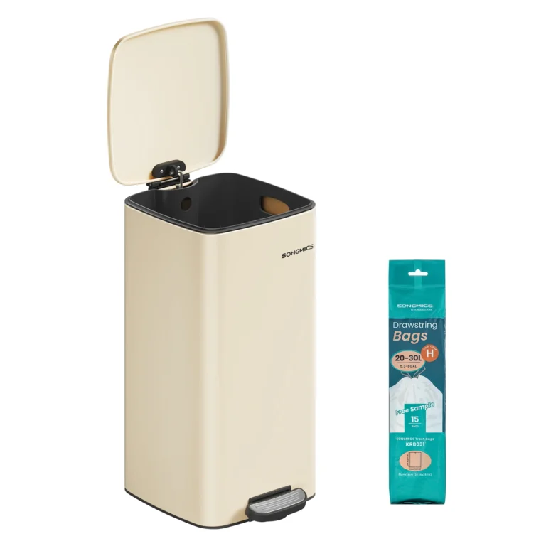 SONGMICS Mülleimer Küche, 30 Liter Abfalleimer, Tretmülleimer, Stahl, mit Inneneimer, Softclose, Offenhaltefunktion, beige