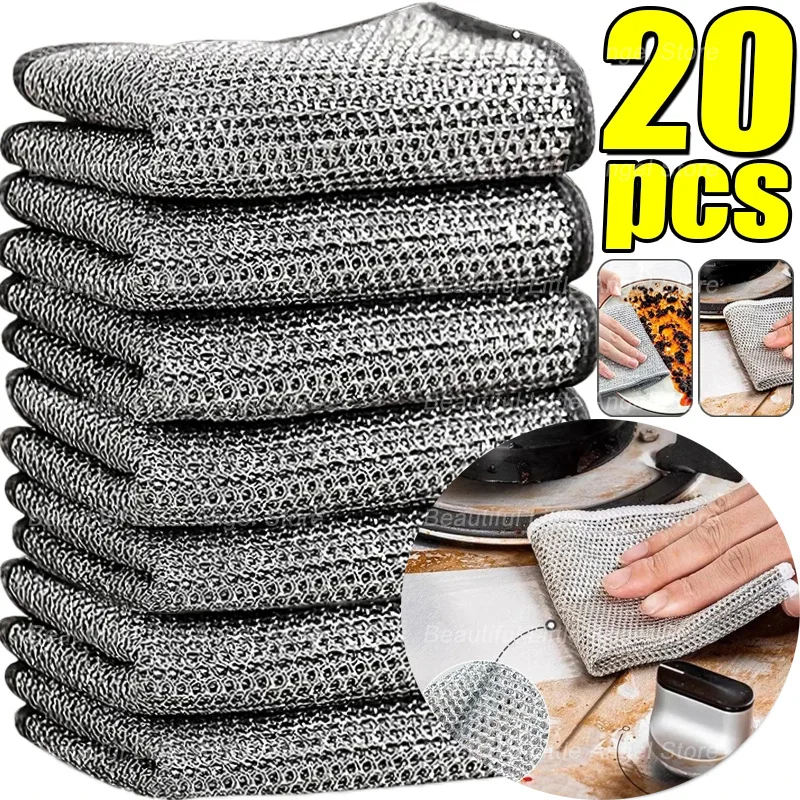 20/5 stücke verdicktes Stahldraht-Reinigungs tuch kratz festes Doppelschicht-Eisen-Mikrofaser-Mesh-Geschirr tuch Wasch topf Lappen Küchen tuch