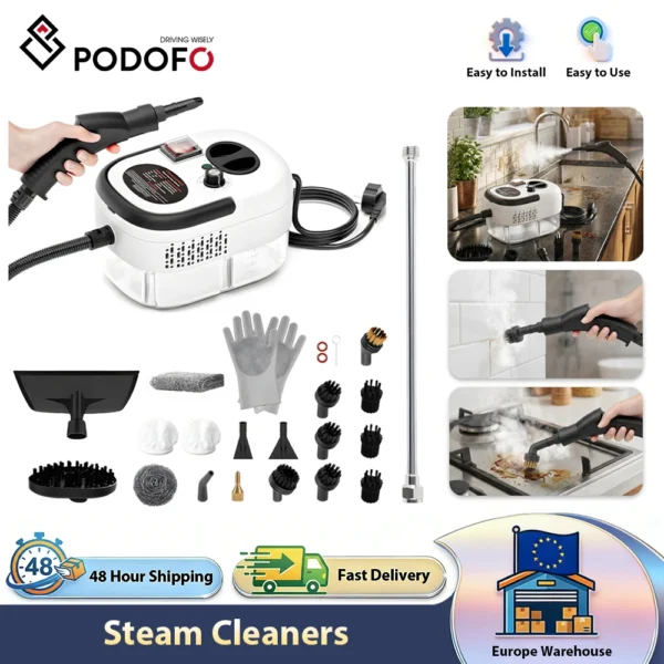 Podofo 2500W Handdampfreiniger Küchenreinigungsgerät mit 1200ml großem Tank zum Reinigen von Fugen, Auto, Möbeln, Boden.